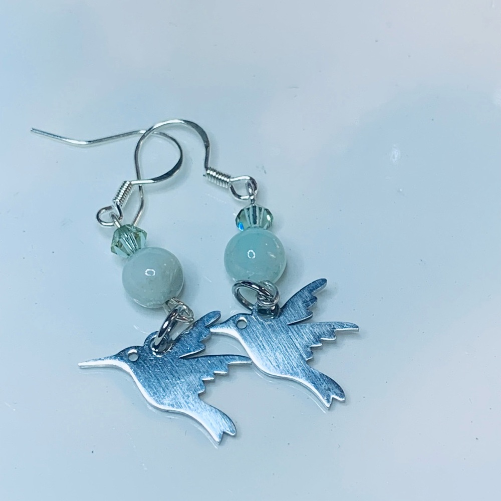 Handmade hummingbird Earrings with beautiful jade & Swarovski crystals earrings